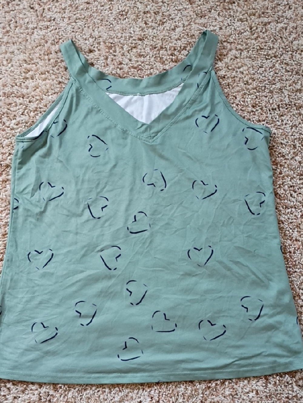 SHEIN Sage Green V-Neck Tank with Navy Heart Print